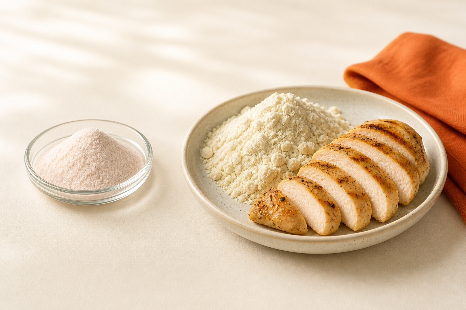 ผงคอลลาเจนวางเทียบกับผงโปรตีนอกไก่ GoodPow และอกไก่ย่างบนพื้นครีม
