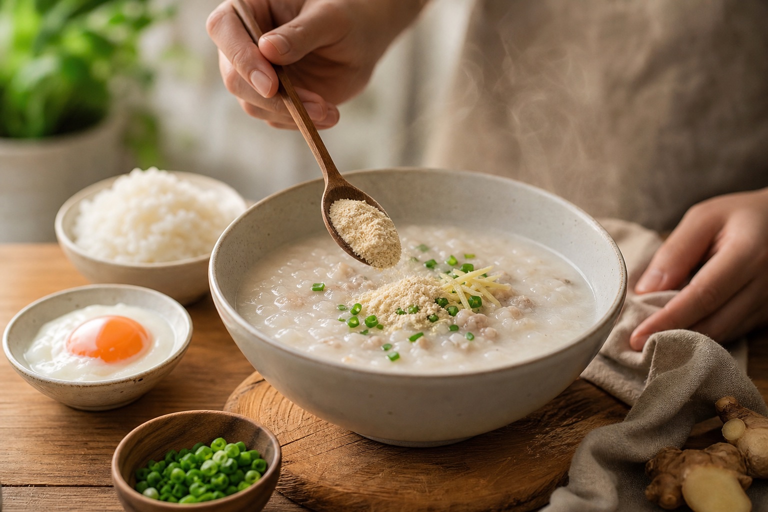 ชามซุปไก่ร้อนๆ โรยหน้าด้วยผง GoodPow และต้นหอม พร้อมถุง GoodPow ข้างๆ