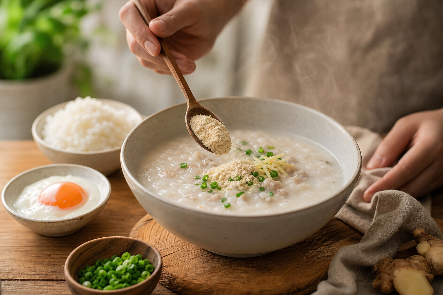 ชามซุปไก่ร้อนๆ โรยหน้าด้วยผง GoodPow และต้นหอม พร้อมถุง GoodPow ข้างๆ