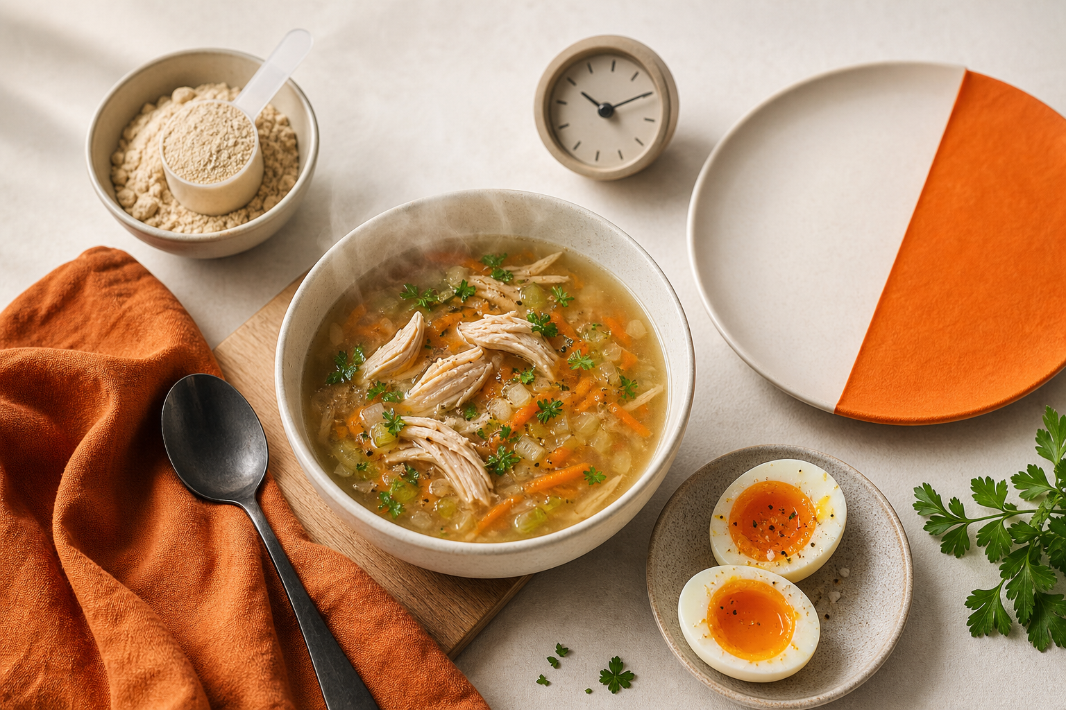 จานอกไก่ ไข่ต้ม และแก้วโปรตีน GoodPow บนโต๊ะ พร้อมนาฬิกาบอกหน้าต่างเวลากิน 8 ชั่วโมงของการทำ IF
