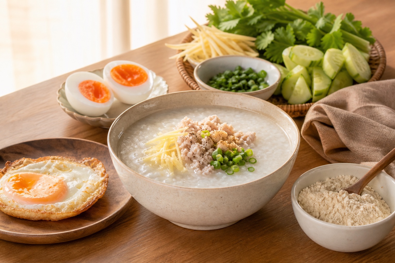 ชามโจ๊กร้อนๆ ราดด้วยต้นหอม มีไข่ต้มครึ่งซีกและถุง GoodPow วางอยู่ข้างๆ