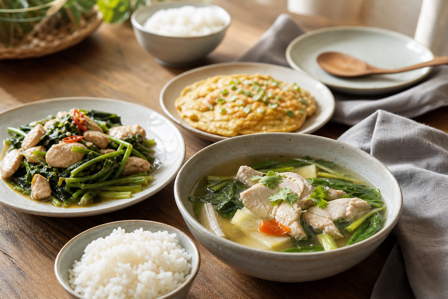 ถ้วยแกงจืดและไข่เจียวบนโต๊ะอาหารไทย มีถุง GoodPow วางอยู่ข้างๆ