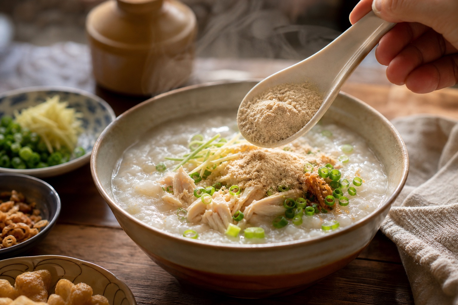 ผงโปรตีนอกไก่ GoodPow ผสมในเมนูอาหารคาวอย่างซุปและโจ๊ก