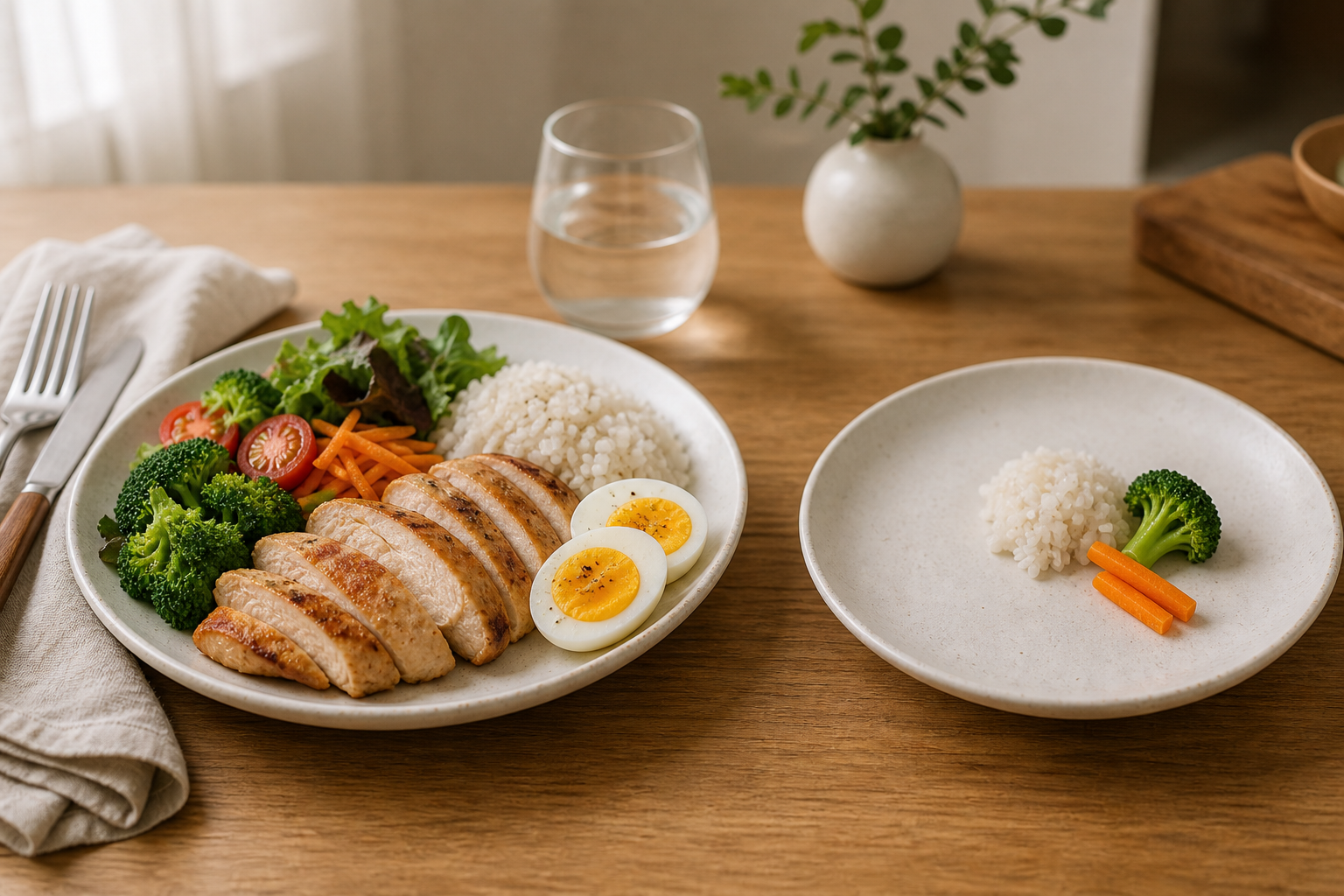 ภาพอาหารจานโปรตีนที่มีอกไก่ ไข่ต้ม และผัก พร้อมซอง GoodPow วางข้างๆ